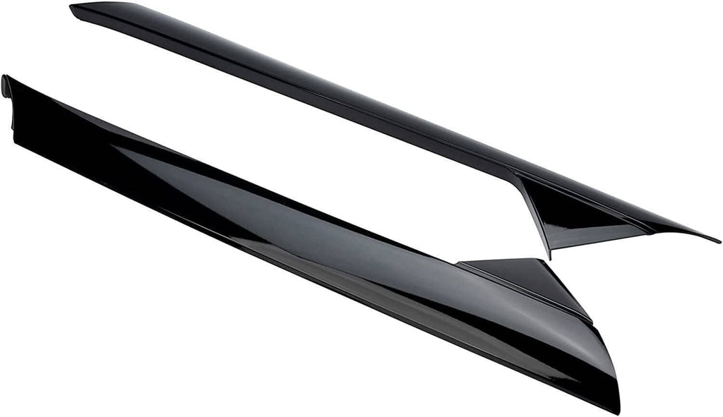 Black A-pillar windshield molding trim, two-piece long covers angled view