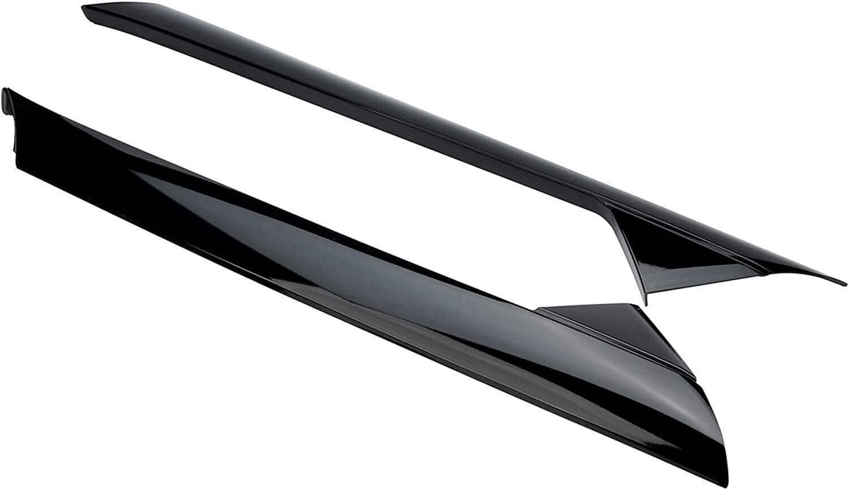 Black A-pillar windshield molding trim, two-piece long covers angled view