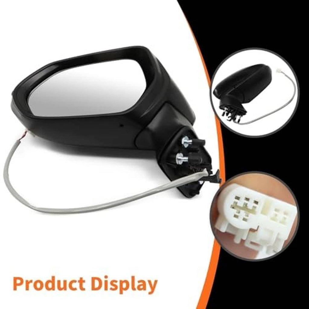 Black left side mirror assembly with reflective glass, cable, and white connector plug