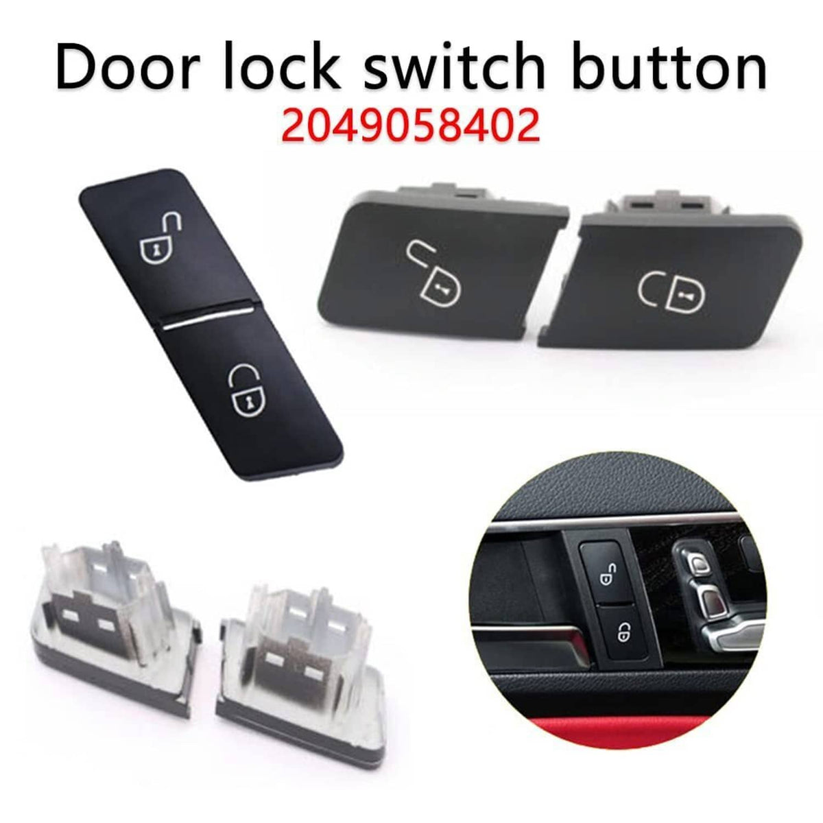 Set of black door lock switch buttons with lock/unlock icons and mounting pieces