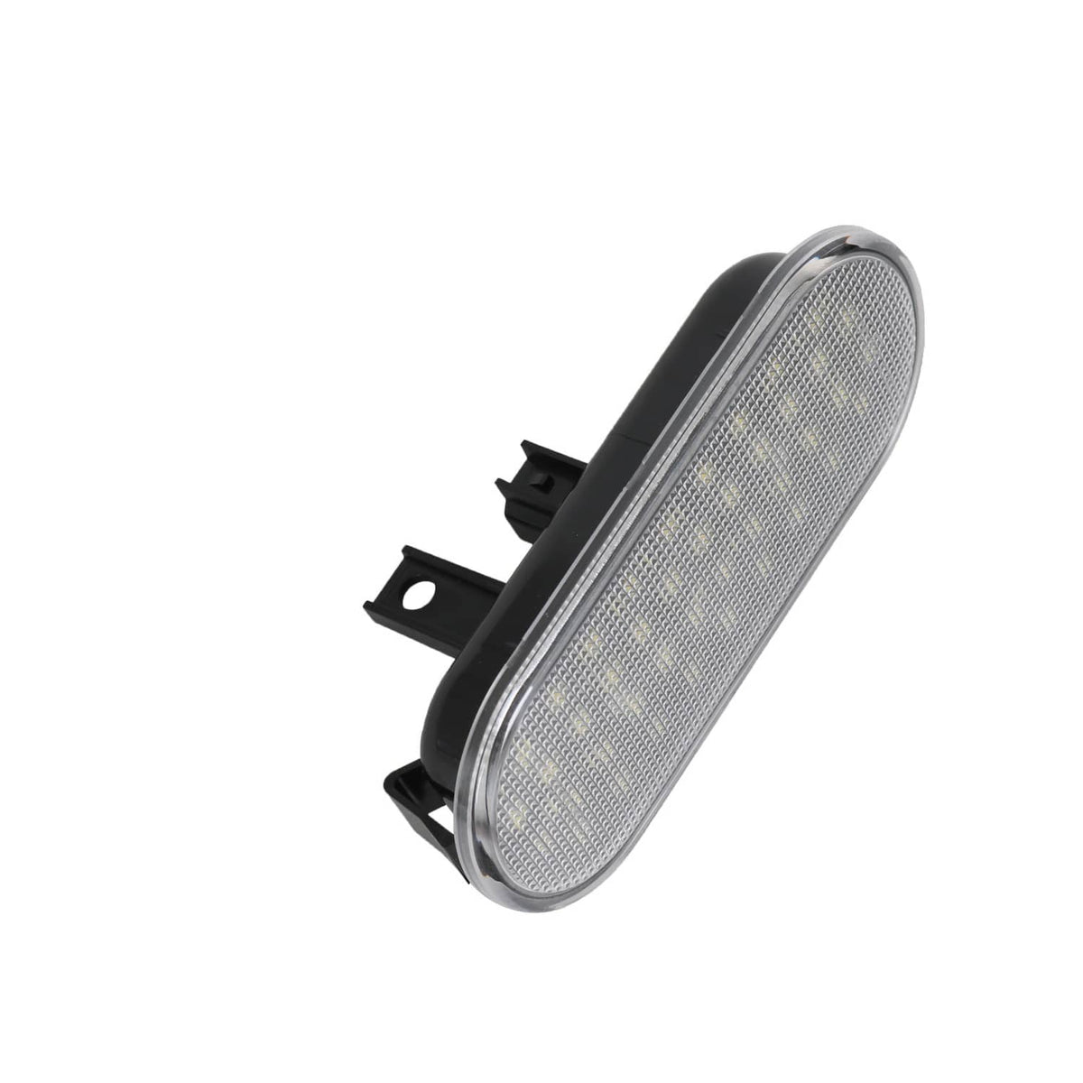 Oval LED bed light lens in black housing with side mounting clips