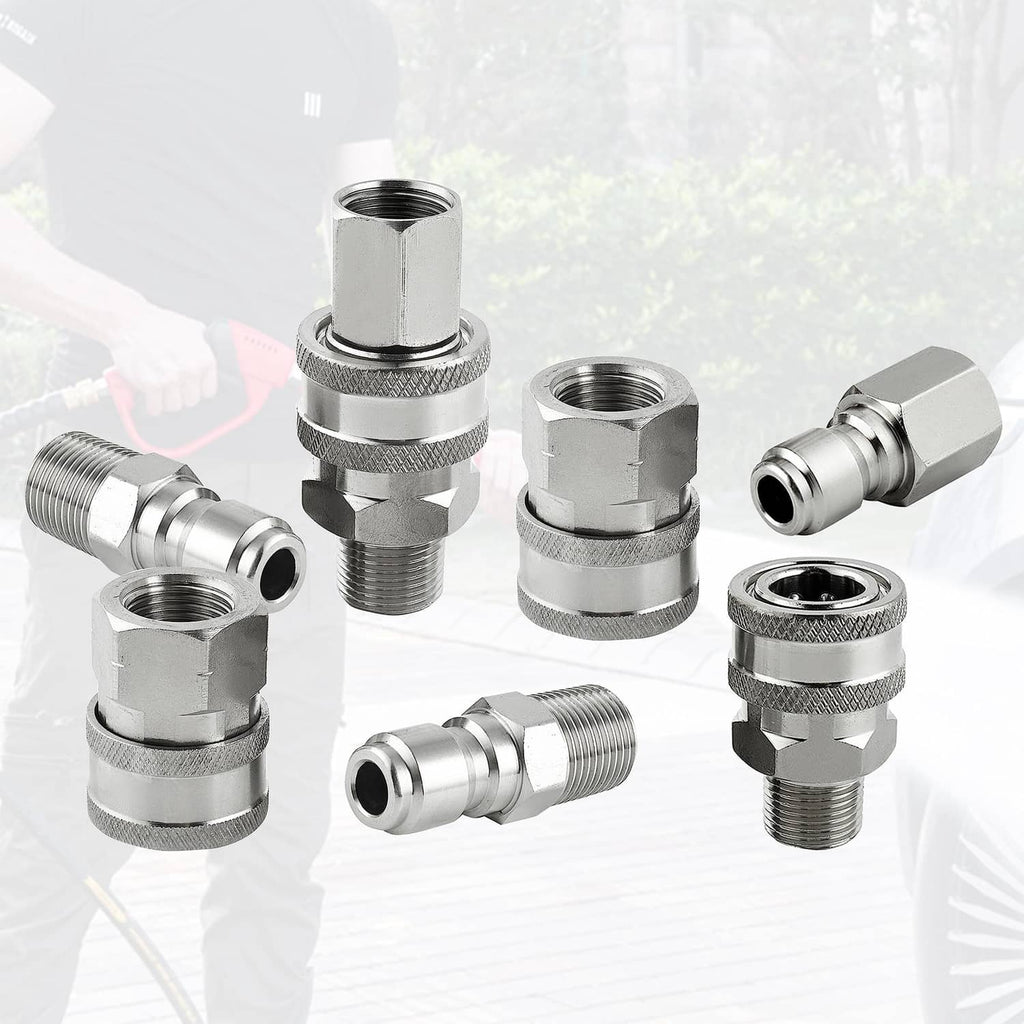 Pressure washer quick-connect fittings in silver finish with rubber-seal ports