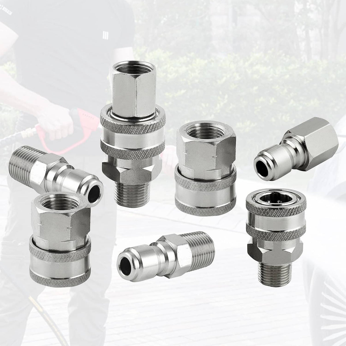 Pressure washer quick-connect fittings in silver finish with rubber-seal ports