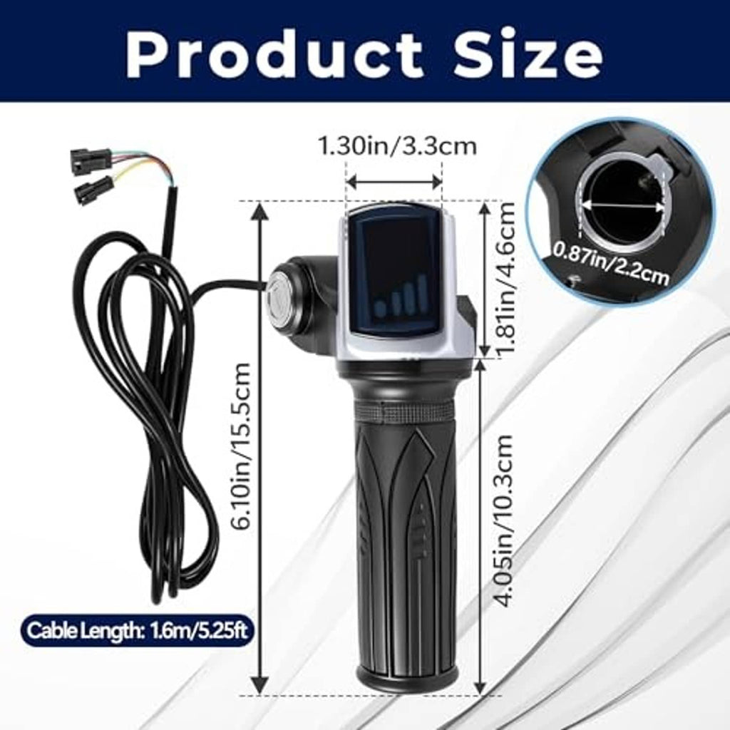 Twist throttle grip with LED display and handlebar lock housing, shown with size guide.