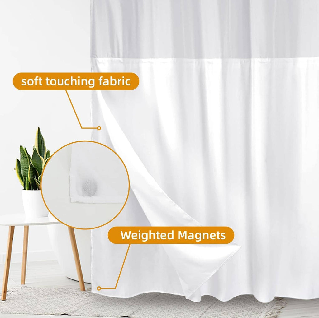 White shower curtain liner with weighted magnets at the hem to help it stay down