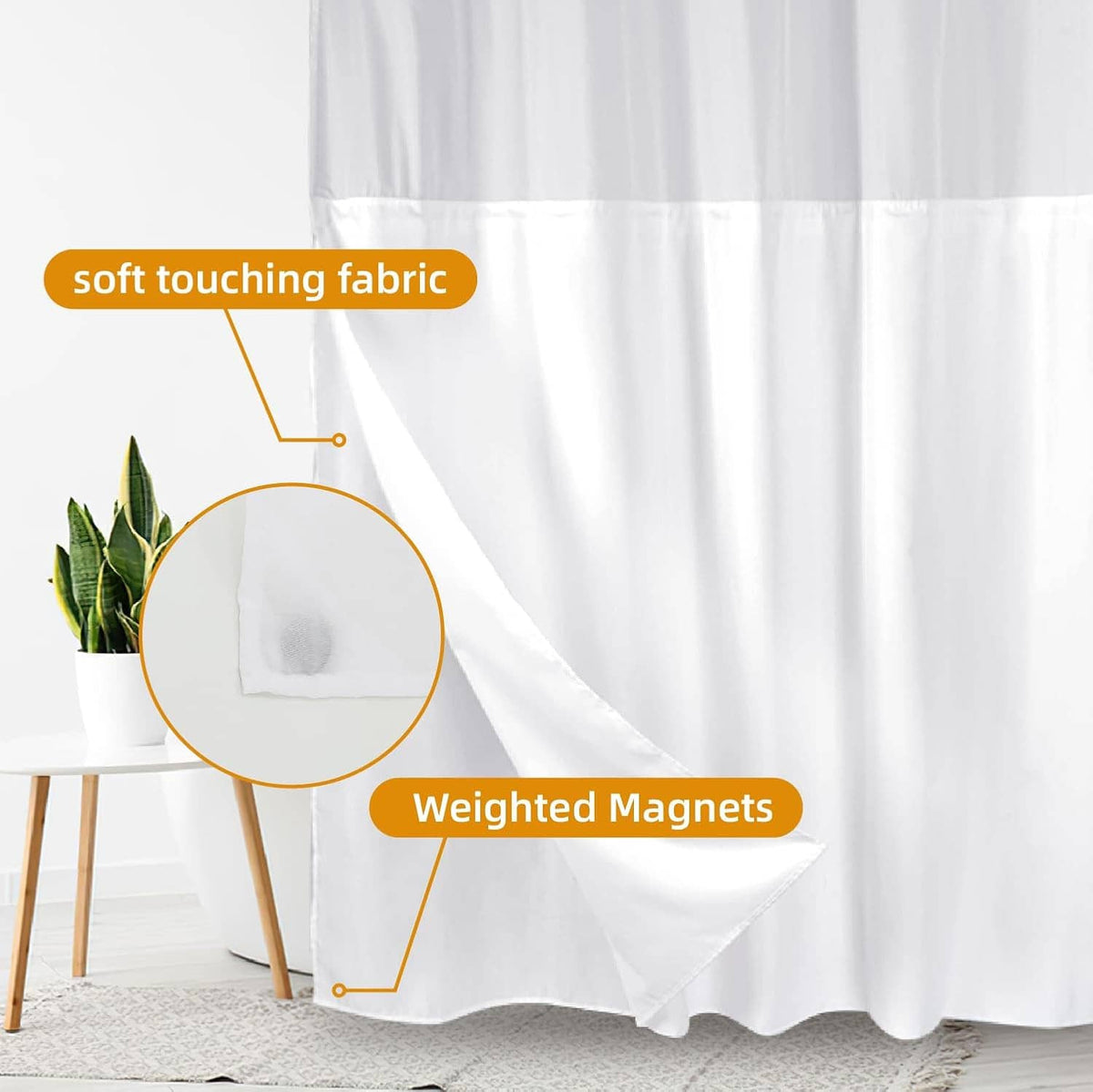White shower curtain liner with weighted magnets at the hem to help it stay down