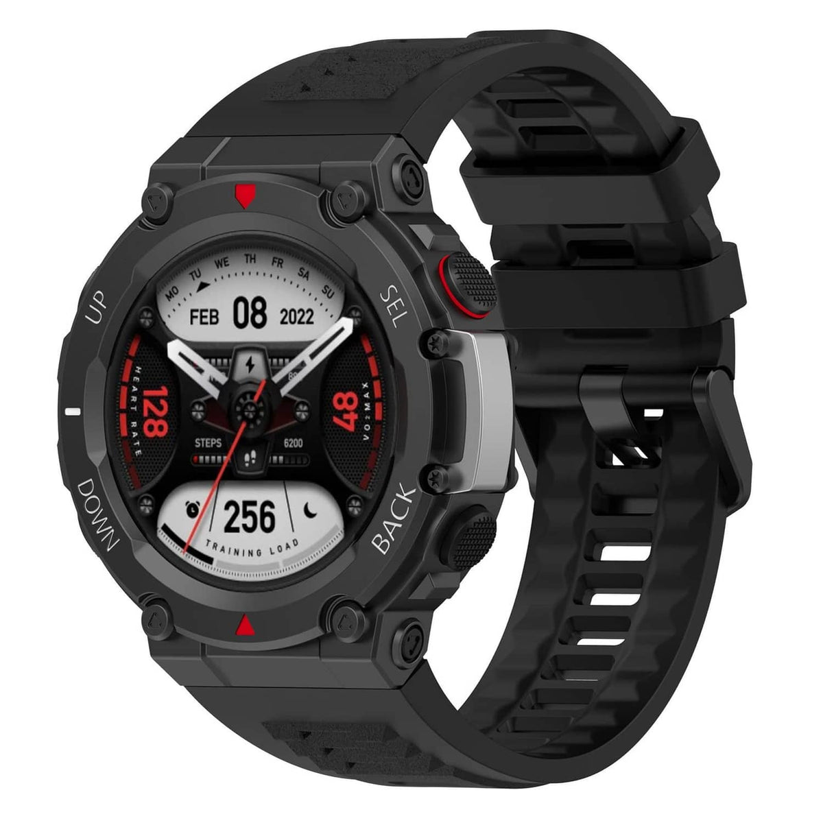 Black sports watch strap with textured bezel and smartwatch face