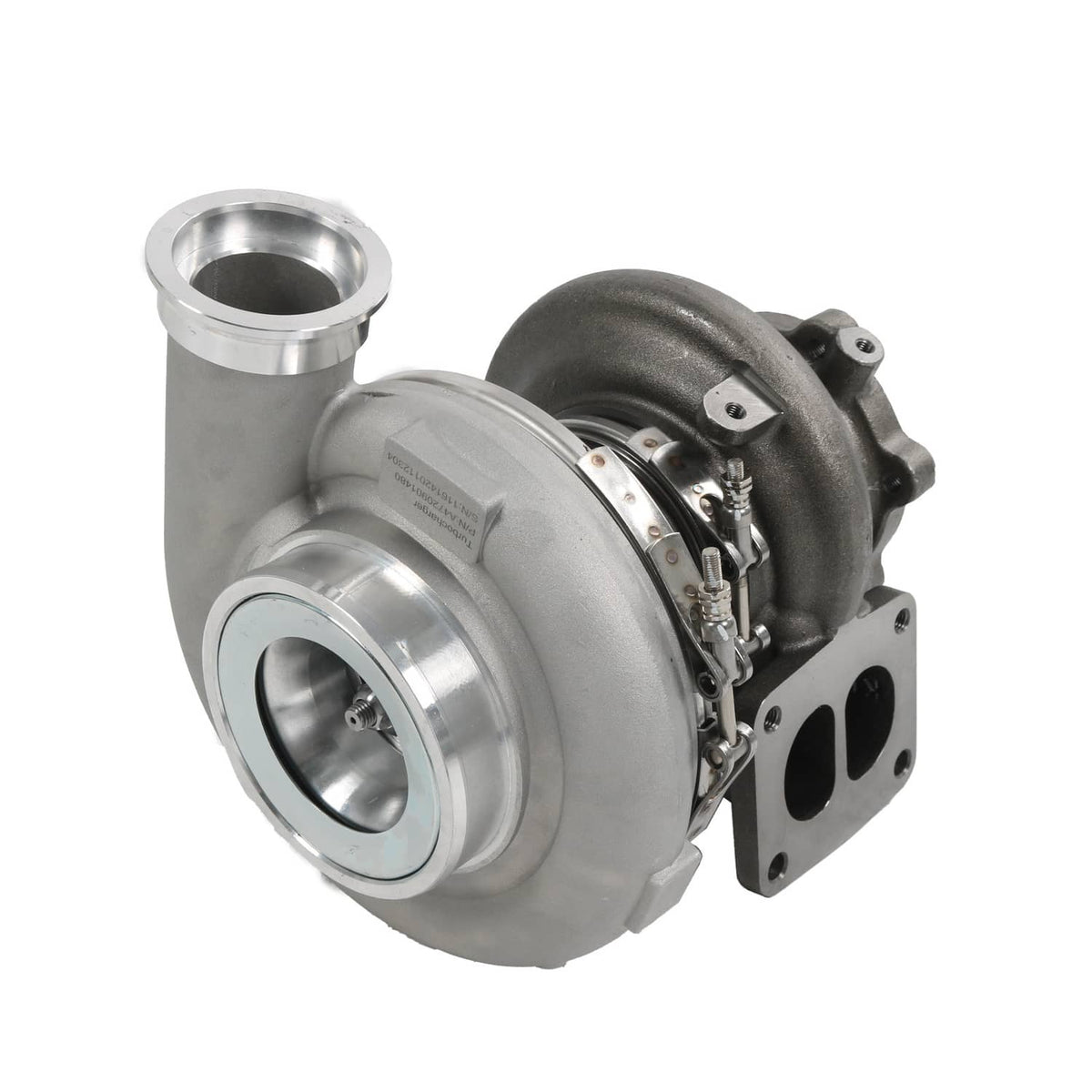 Turbocharger with silver compressor inlet and black turbine housing, showing mounting plate