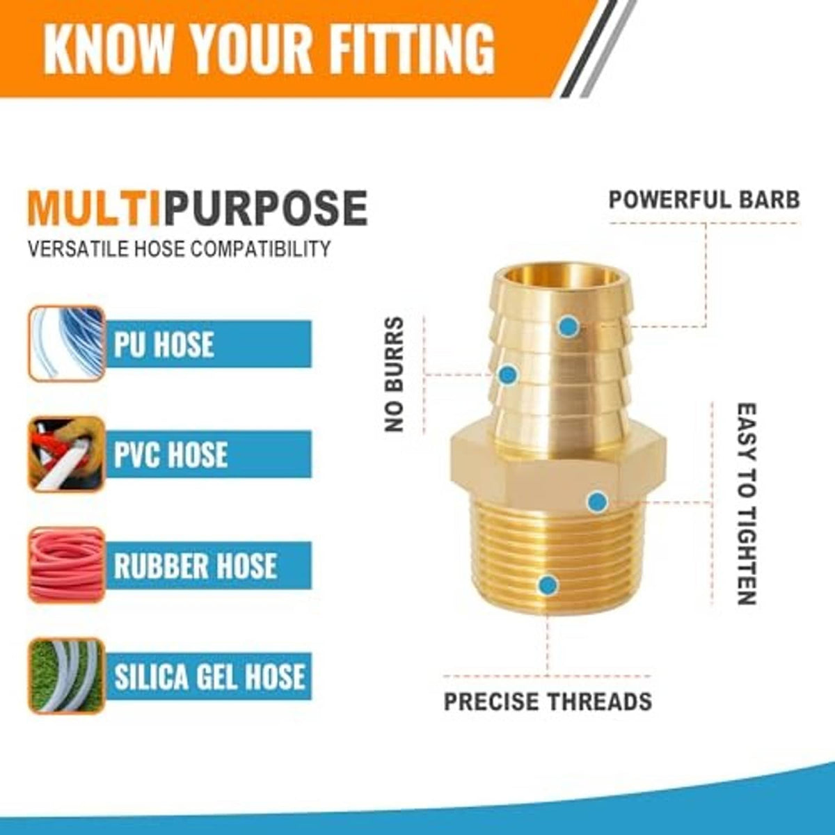Brass 1/4 in NPT male-to-hose barb fitting with barbed hose connection and threads