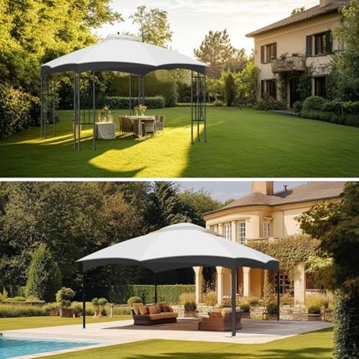 Light grey double-tier gazebo canopy over outdoor patio seating area
