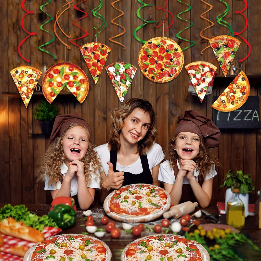 Pizza party hanging swirl decorations with colorful spirals, pizza slice and round cutouts