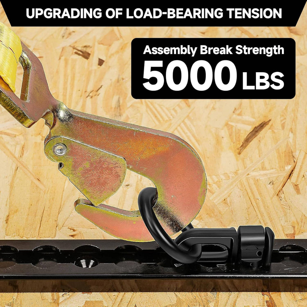 Black O-ring tie-down fitting with double studs secured on an L-track rail