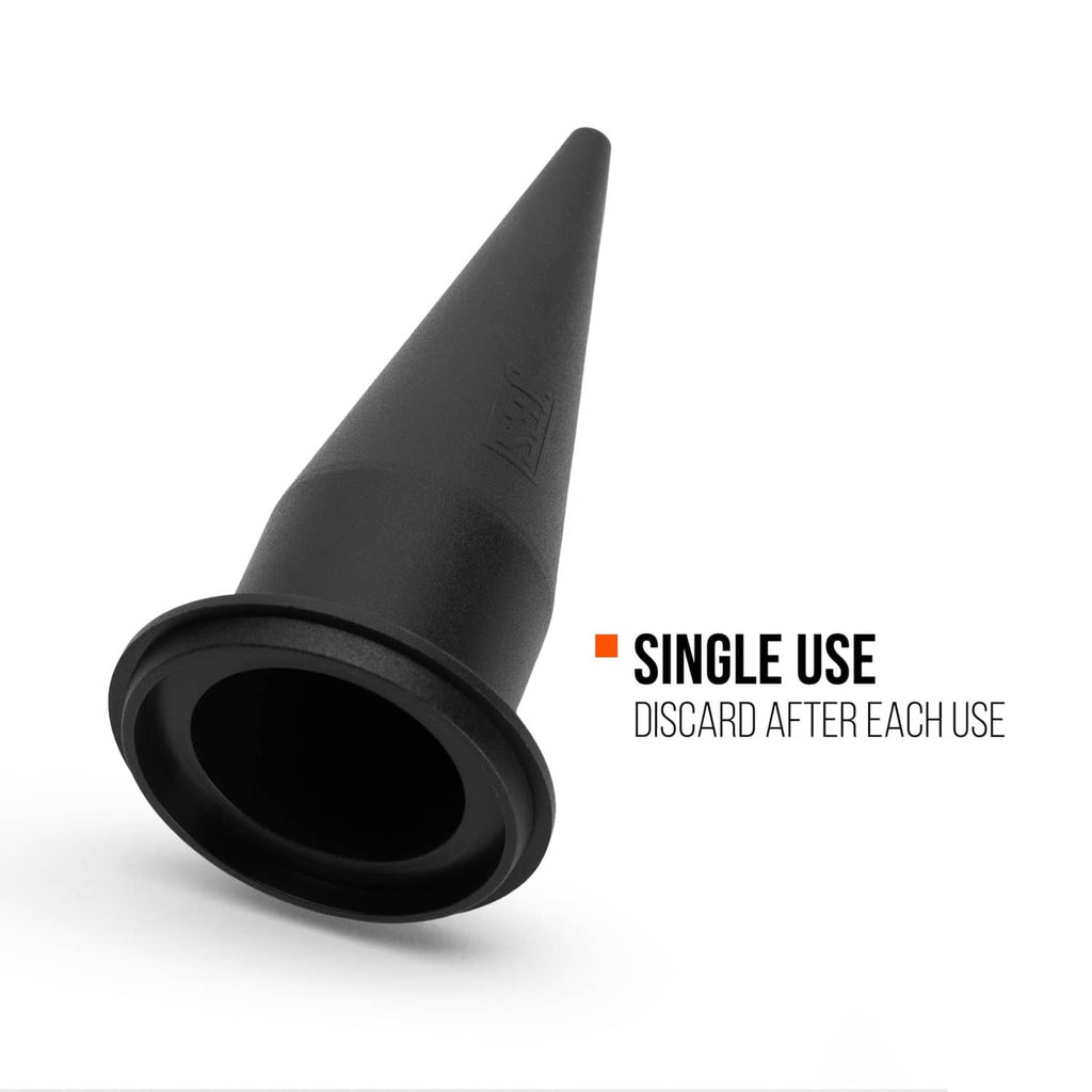 Black cone nozzle with open end, angled view, single-use disposable tip