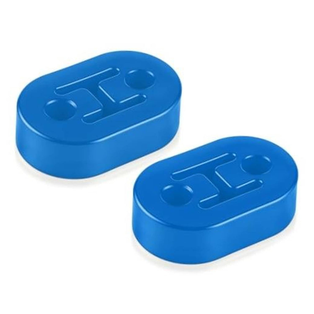 Two blue rubber exhaust hangers with embossed pattern on domed surfaces