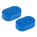 Two blue rubber exhaust hangers with embossed pattern on domed surfaces