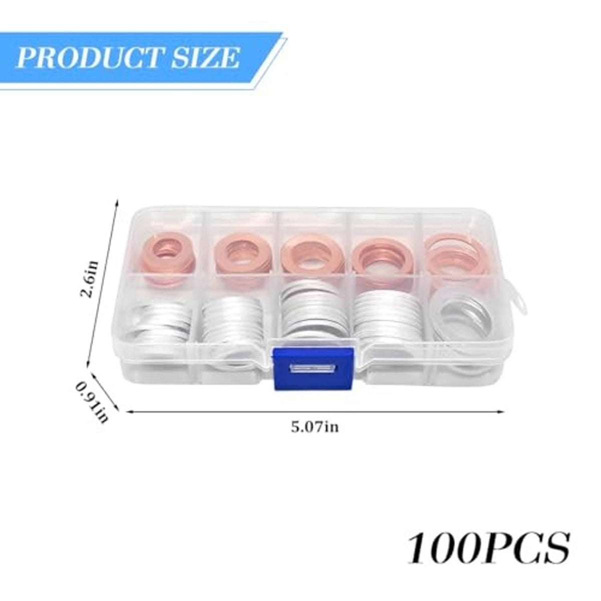 Oil drain plug crush washer set in clear case with copper and silver washers, size shown