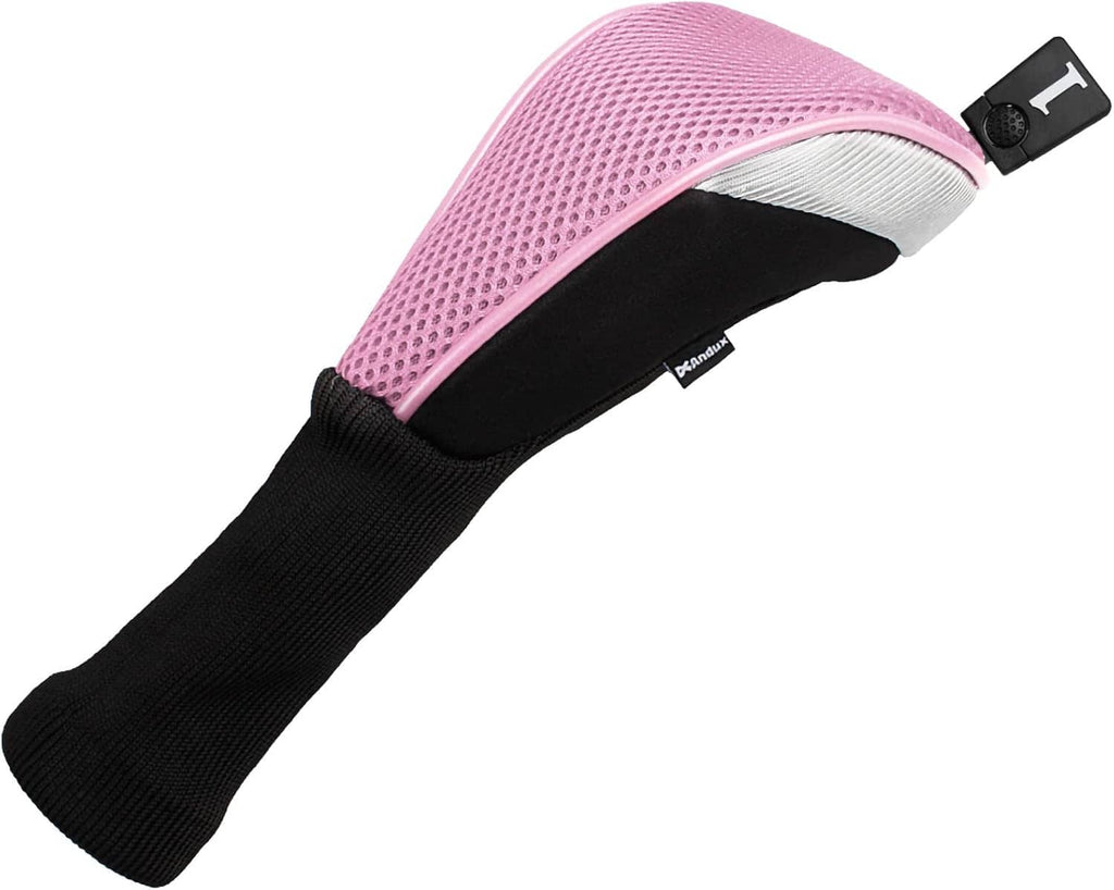 Pink mesh golf club head cover with black long neck and number 1 label