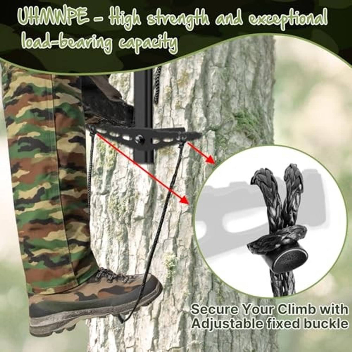 Black climbing stick aider strap with adjustable buckle wrapped around tree