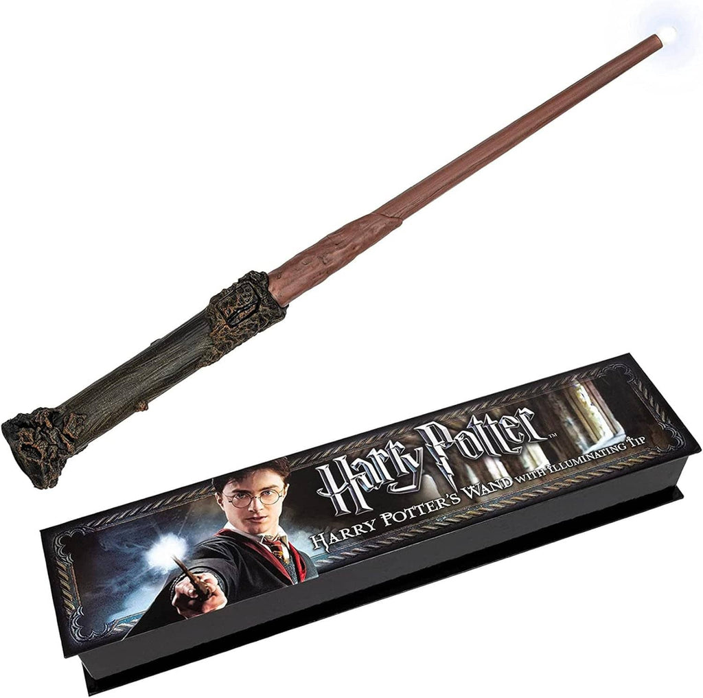 Illuminating magic wand with brown shaft, dark carved grip, and lit white tip
