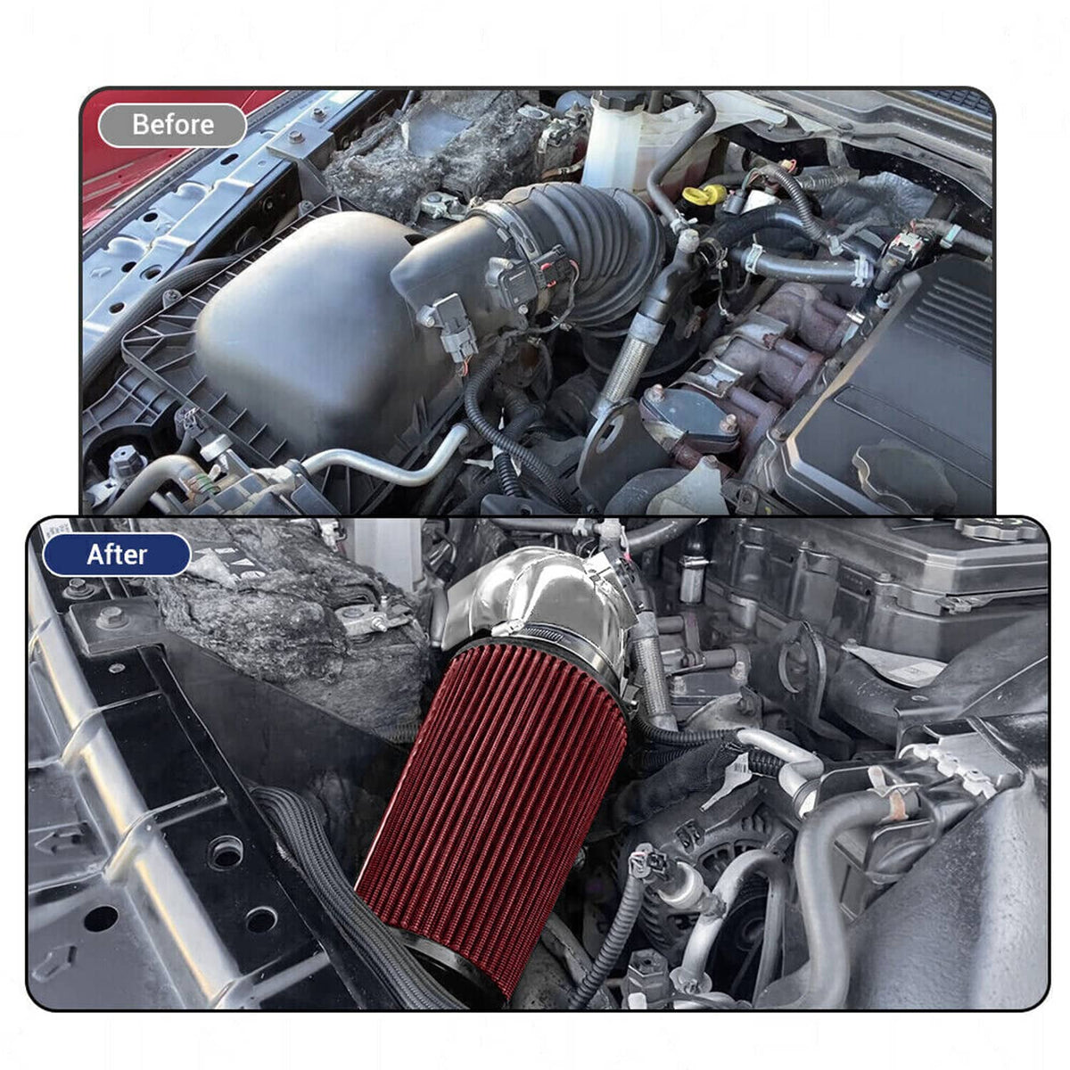 Red oiled air filter installed on chrome intake pipe in engine bay