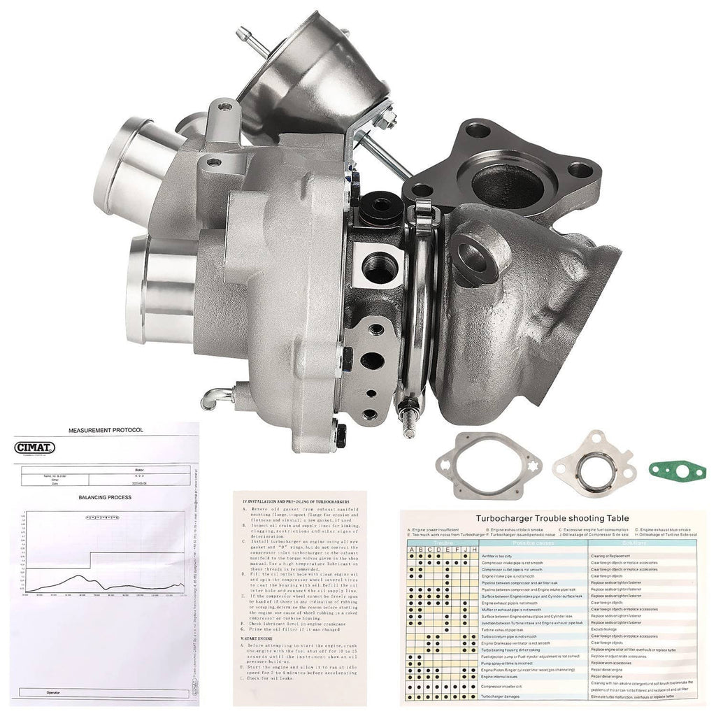 Turbocharger with turbine housing and inlet pipes, silver finish, with gaskets