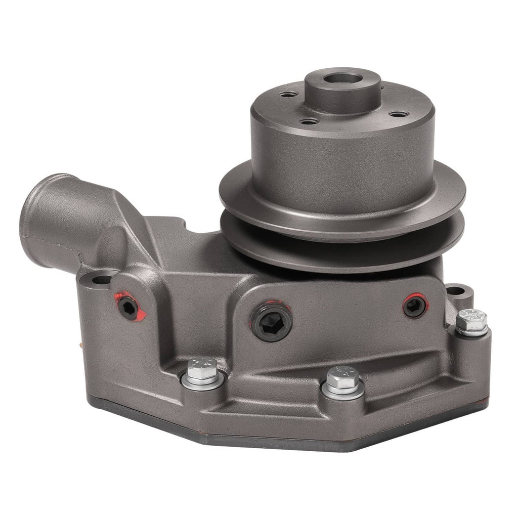 Water pump with pulley and side outlet, gray cast metal base with fasteners