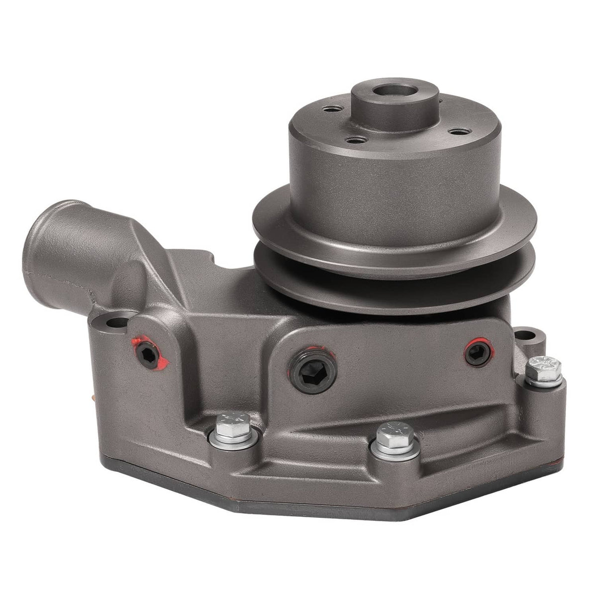 Water pump with pulley and side outlet, gray cast metal base with fasteners