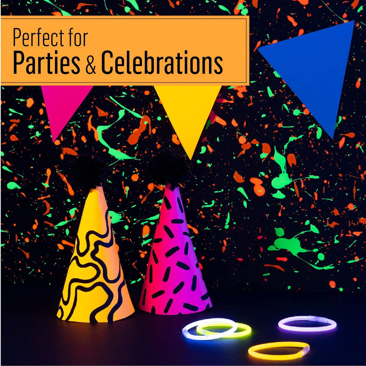 Glow-in-the-dark paint on party cones with colorful glowing outlines on ground