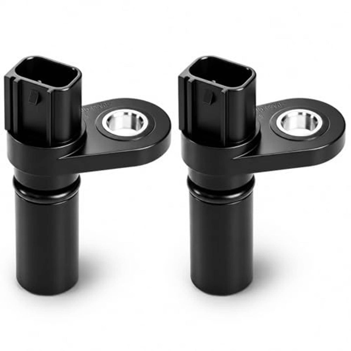 Pair of black camshaft position sensors with metal circular mounting rings