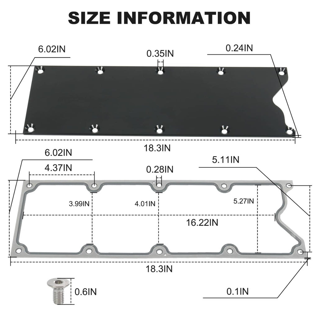 Valley cover plate with gasket dimensions diagram, black panel and silver gasket outline