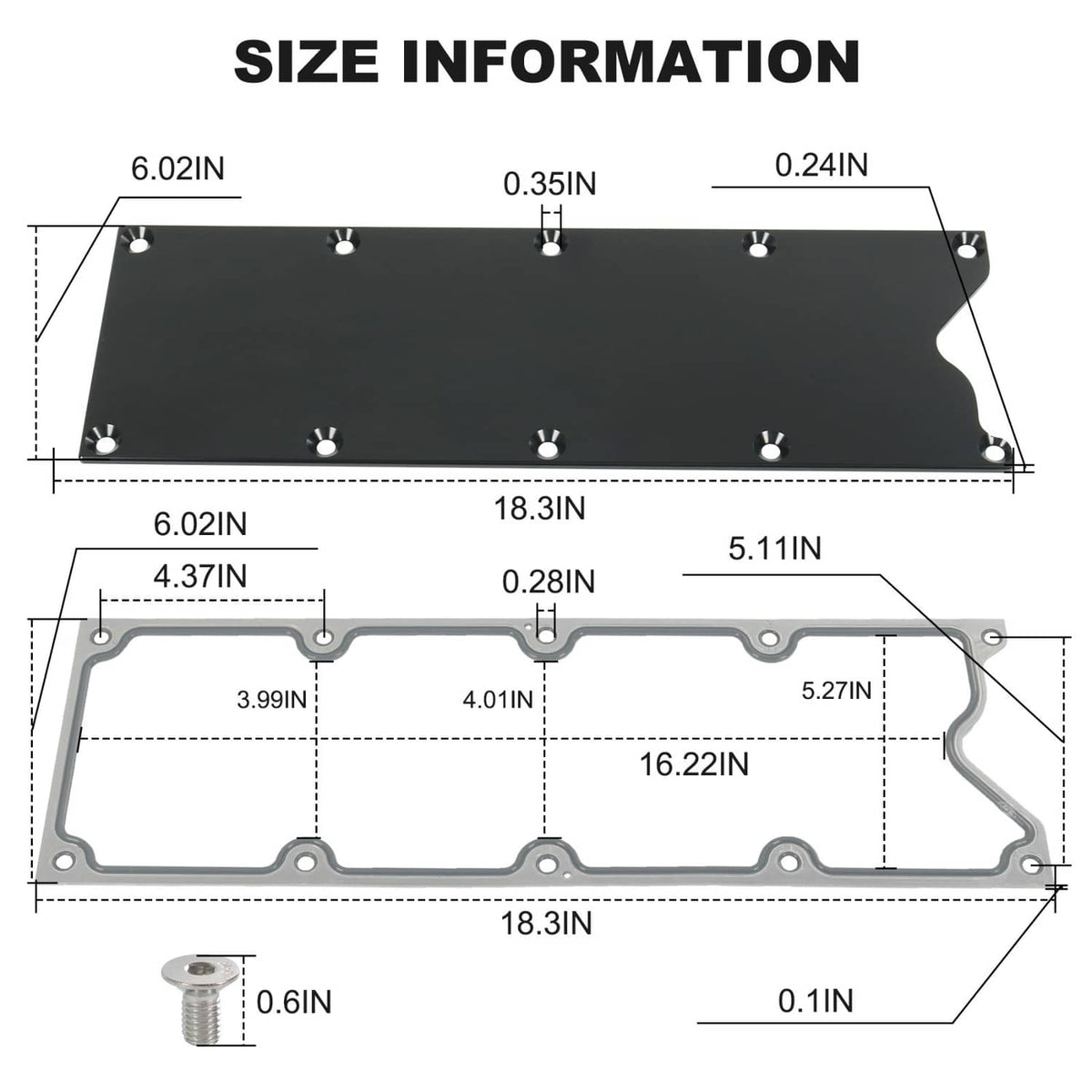 Valley cover plate with gasket dimensions diagram, black panel and silver gasket outline