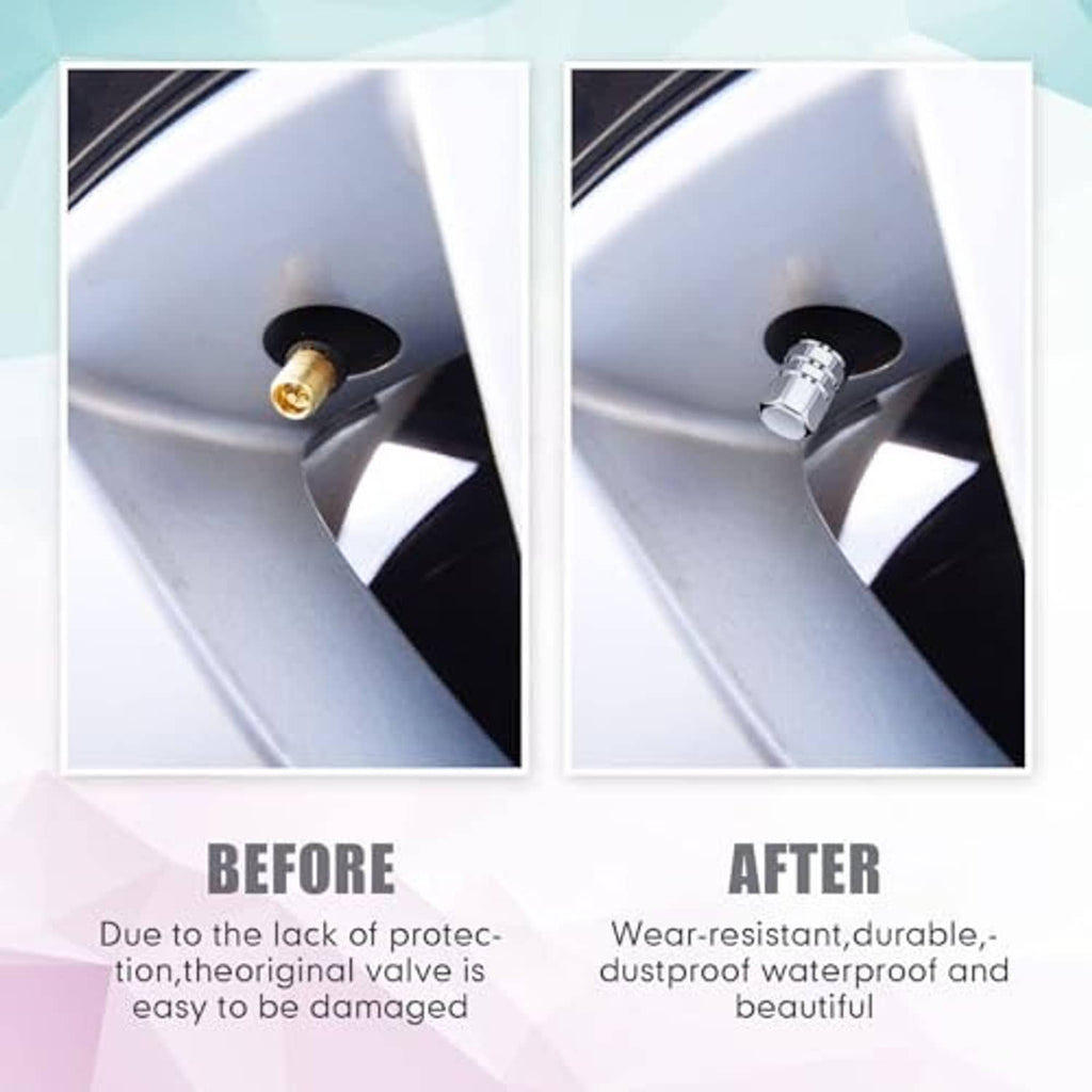 Chrome hex tire valve stem cap on car wheel, before-and-after panels
