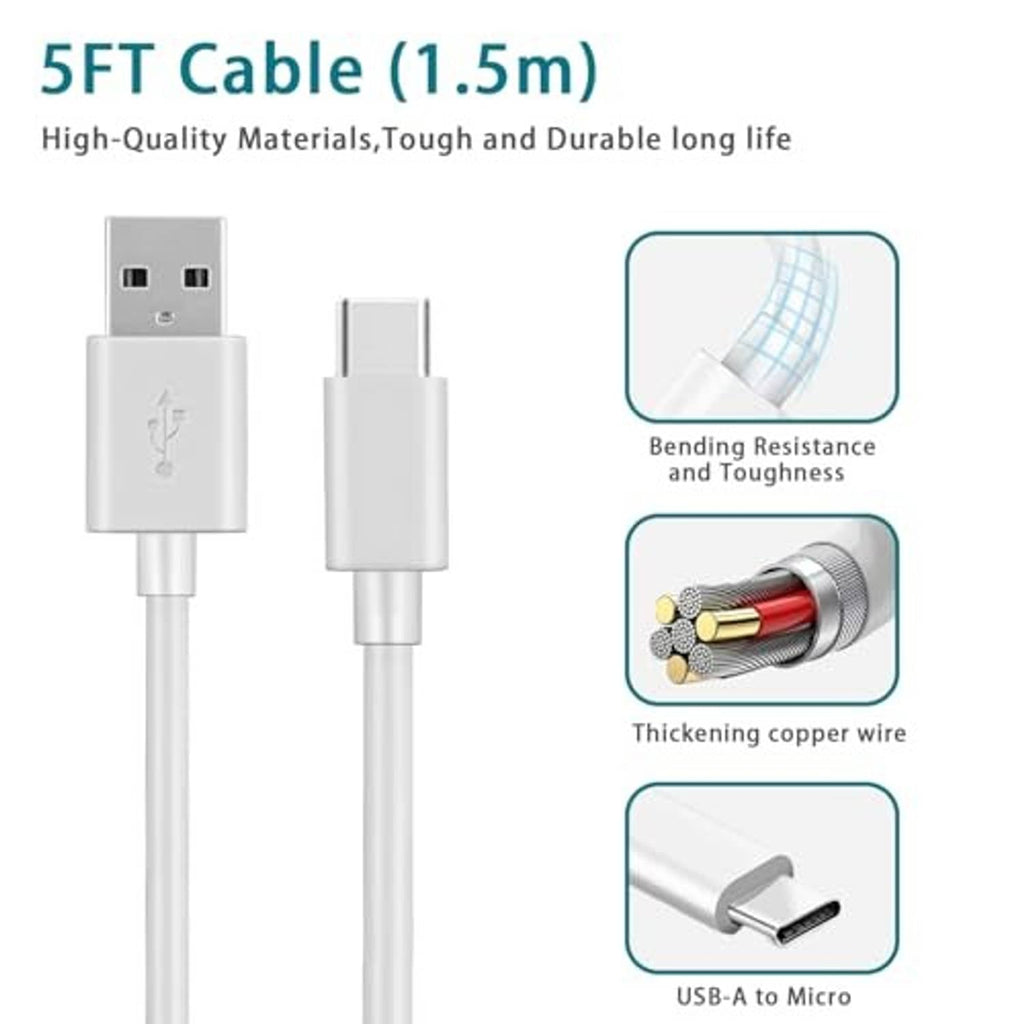 White USB-A to USB-C cable with connector ends and bending resistance diagram
