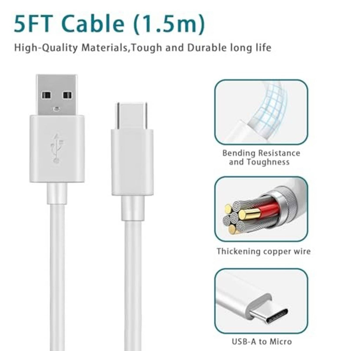 White USB-A to USB-C cable with connector ends and bending resistance diagram