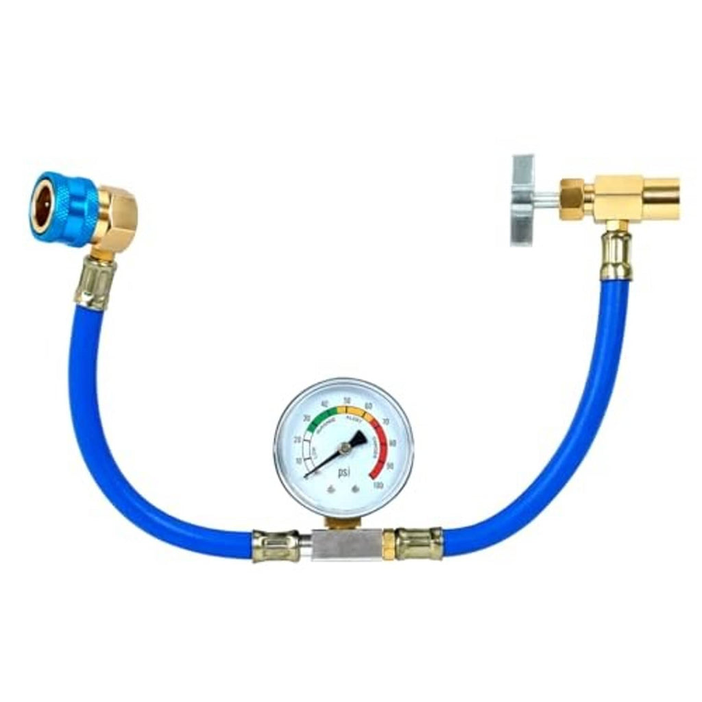 Refrigerant charge hose kit with central pressure gauge, blue hose, brass end connectors