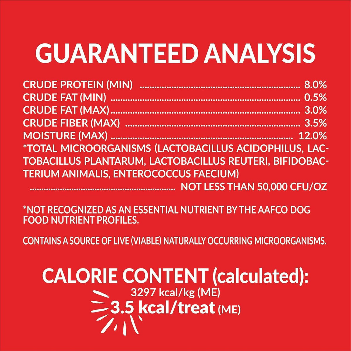 Guaranteed analysis label panel with protein, fat, fiber, moisture, and calories