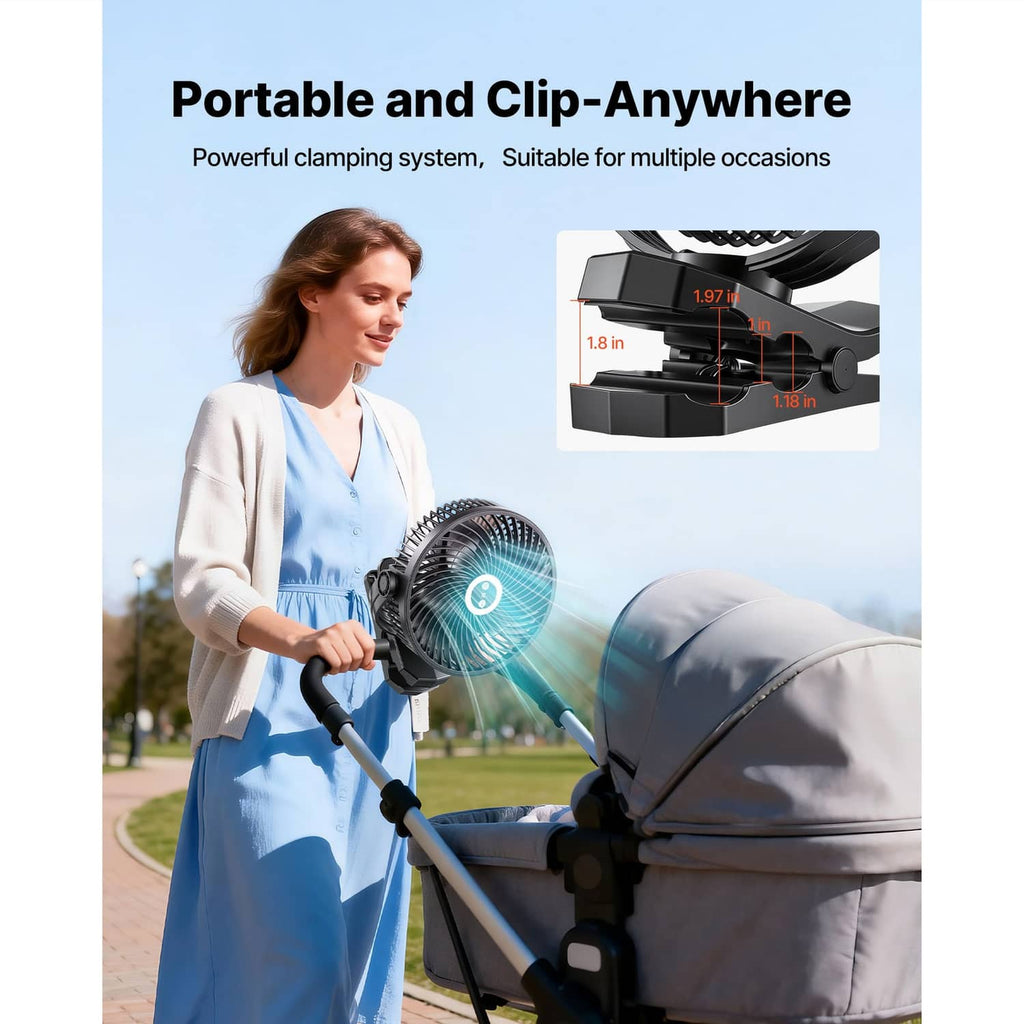 Clip fan attached to a stroller frame, with round grille and front control dial