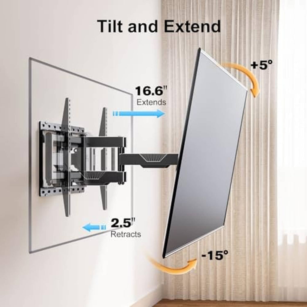 Full-motion TV wall mount bracket tilted and extended, black frame with arm joints.