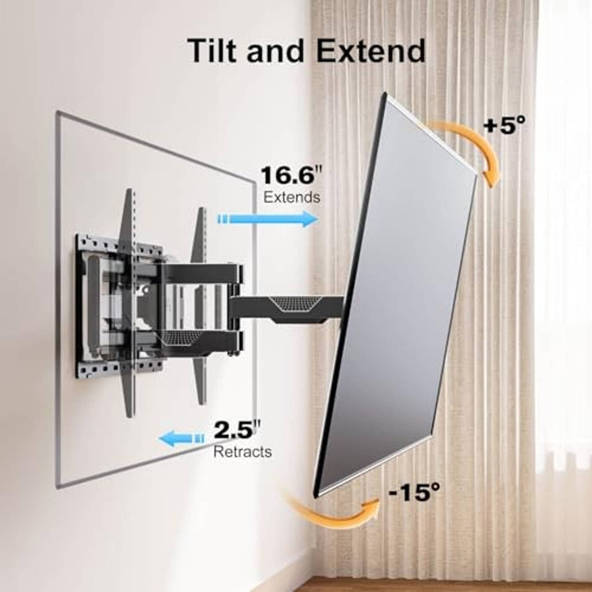 Full-motion TV wall mount bracket tilted and extended, black frame with arm joints.