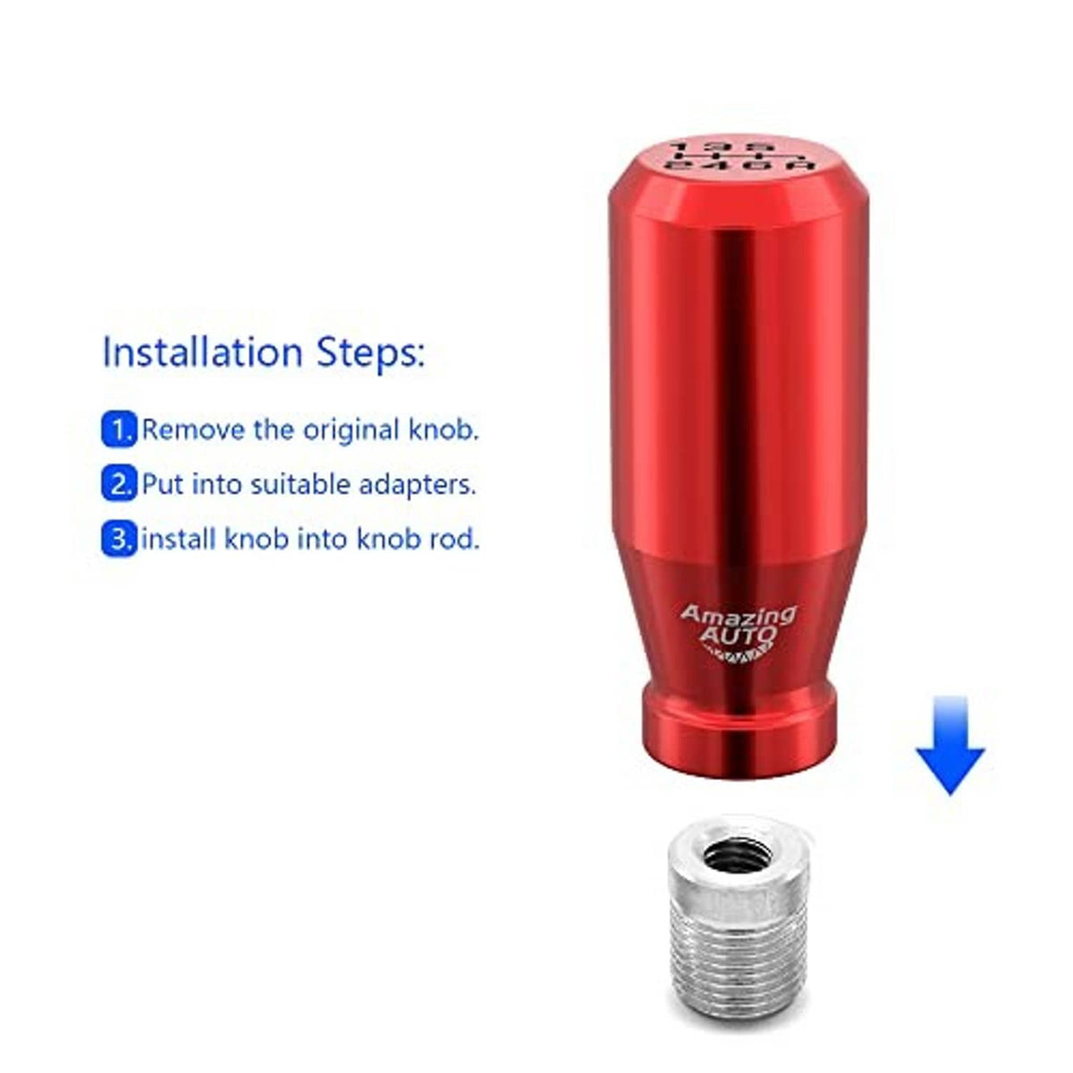 Red 6-speed weighted gear shift knob with one silver threaded adapter for installation