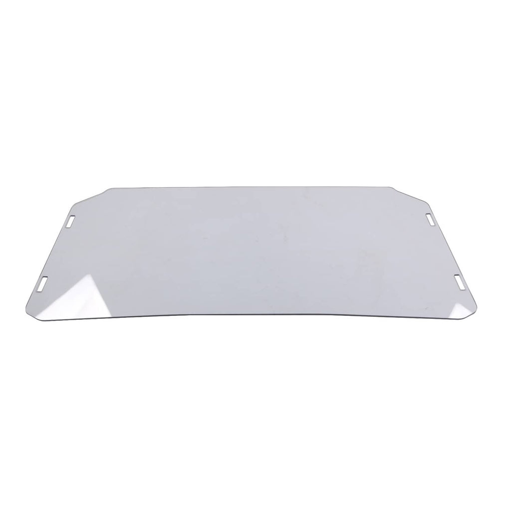 Clear windshield panel with side mounting slots and curved corners