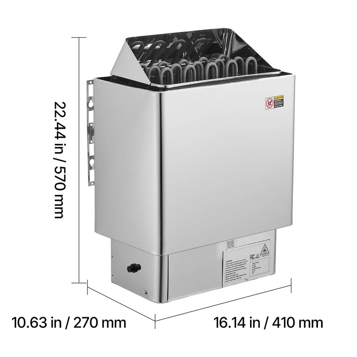 Compact stainless electric sauna heater side view with black top stone compartment