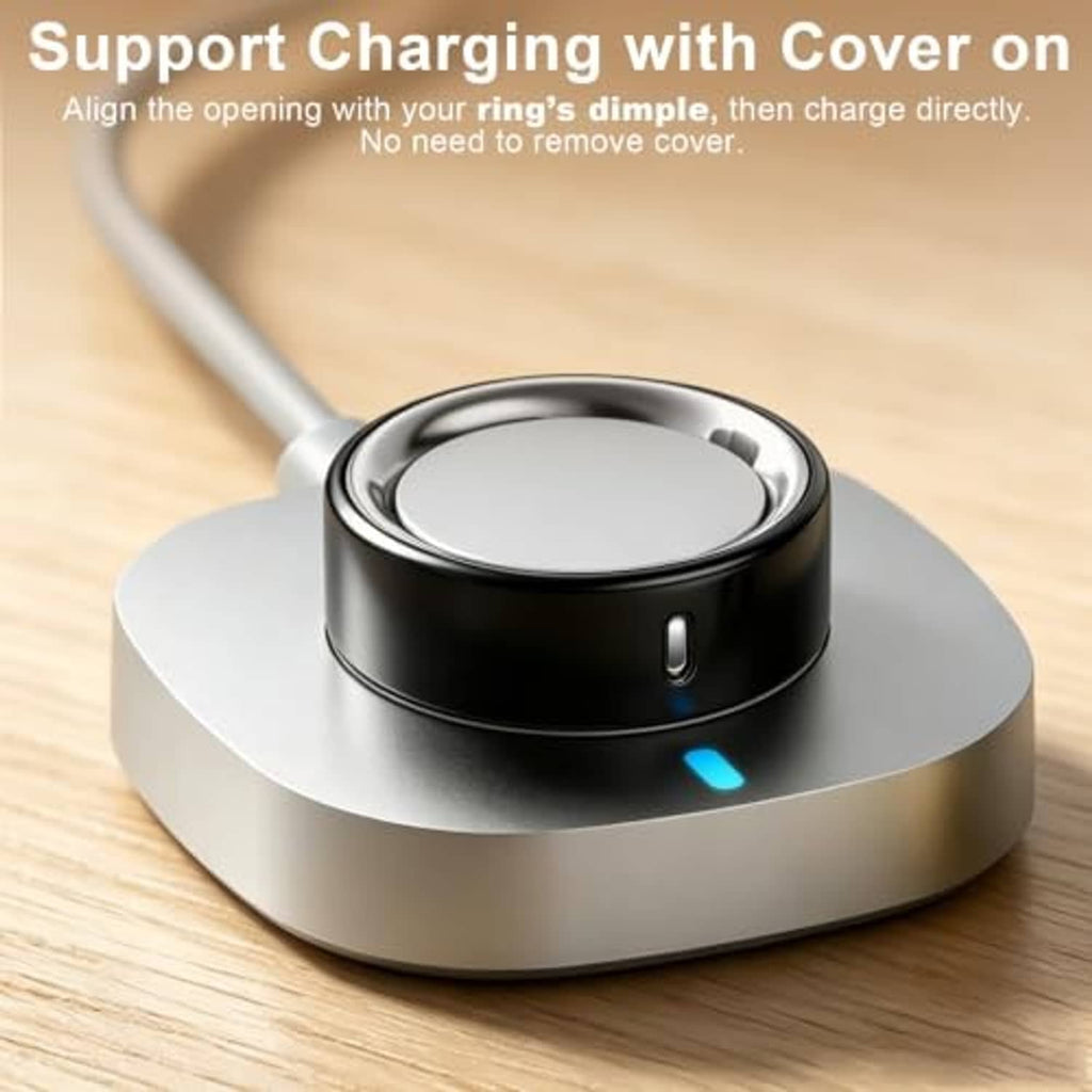 Black TPU ring cover fitted on a charging base, with indicator light