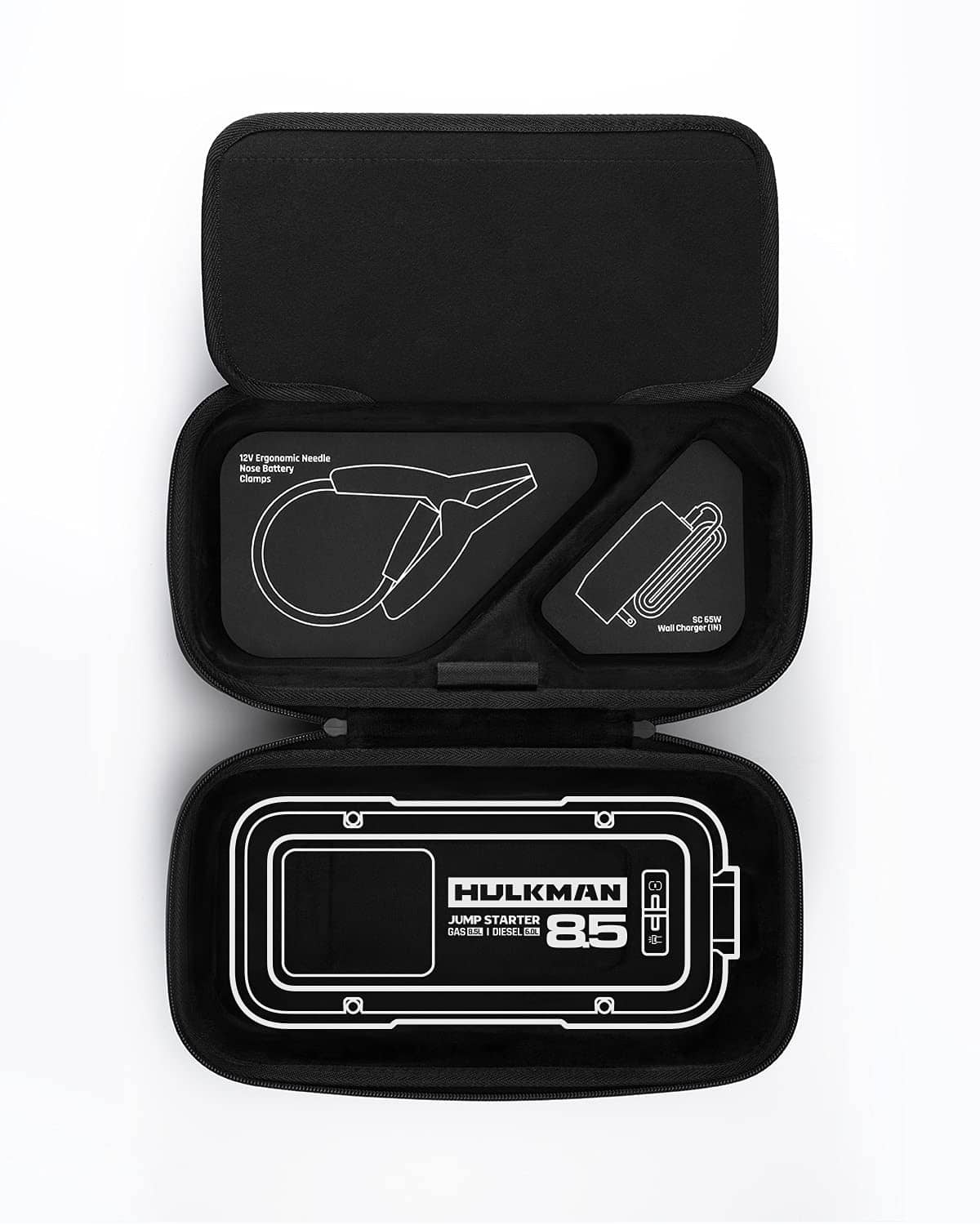 Black EVA protective case opened, showing molded interior slots and divider.