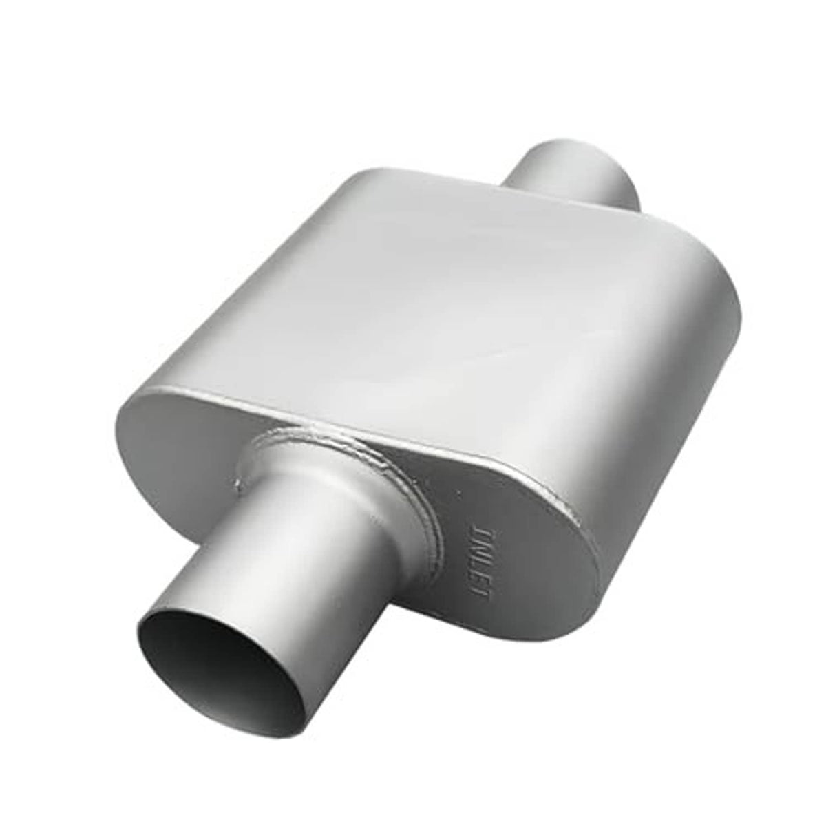 Silver muffler end view with inlet/outlet tube and smooth rectangular casing