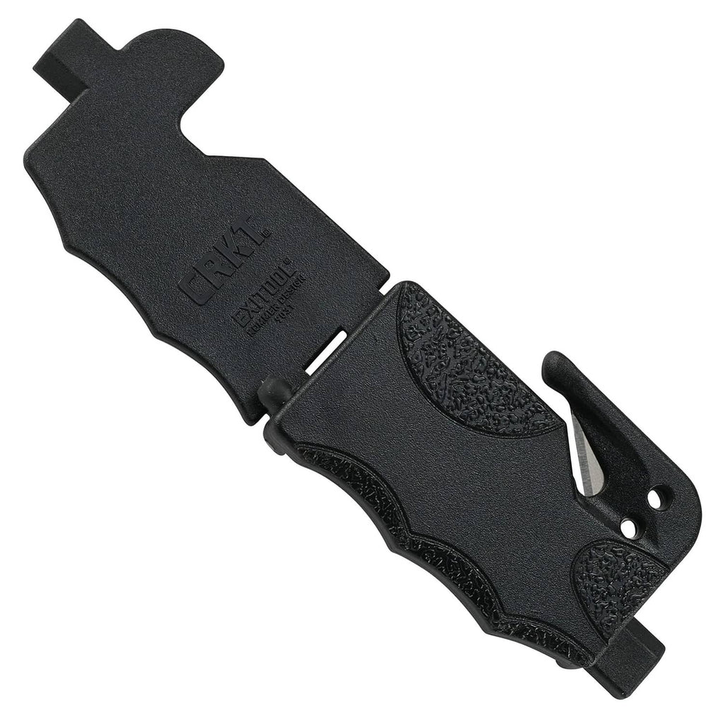 Black emergency seatbelt cutter and window breaker tool with loop handle