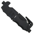Black emergency seatbelt cutter and window breaker tool with loop handle