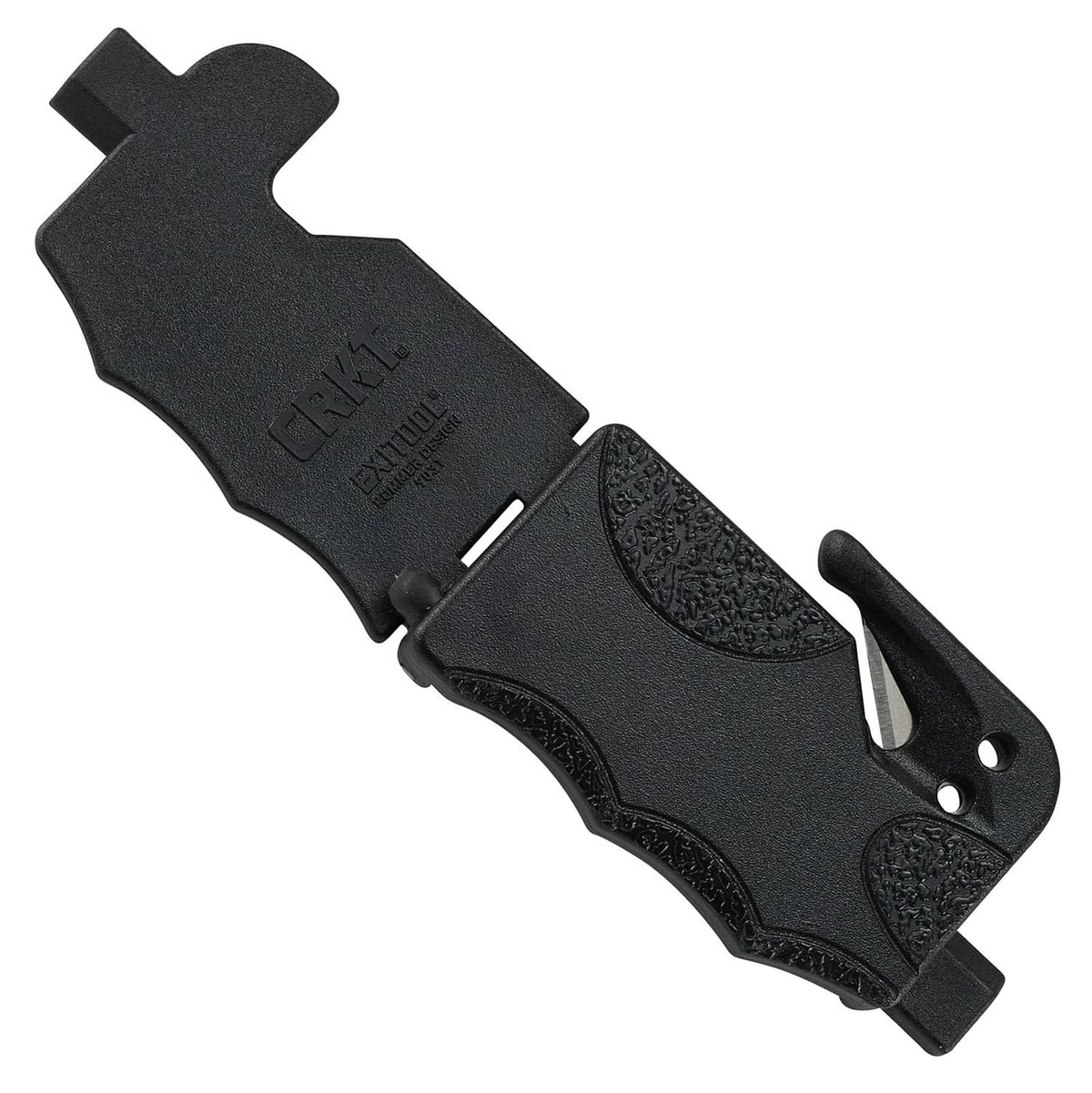 Black emergency seatbelt cutter and window breaker tool with loop handle