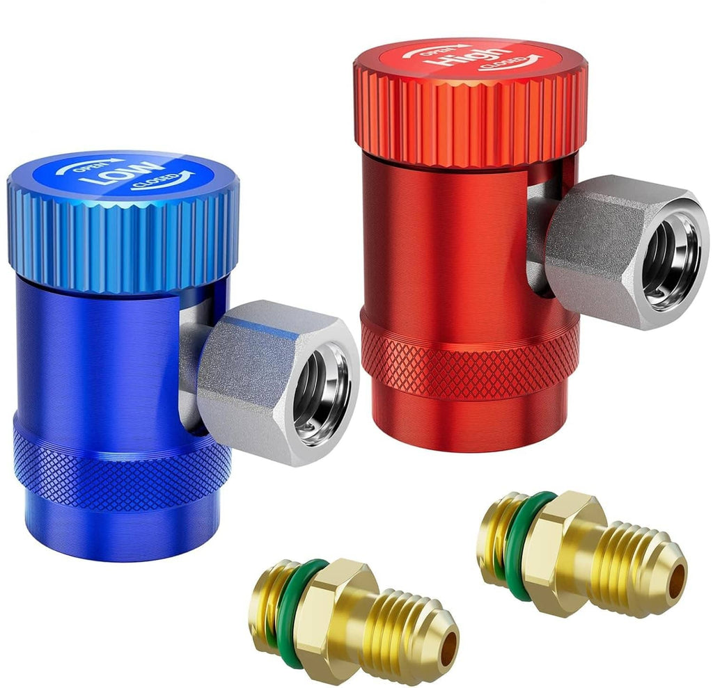 Adjustable A/C quick coupler adapter set with blue and red housings and brass fittings