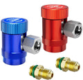 Adjustable A/C quick coupler adapter set with blue and red housings and brass fittings